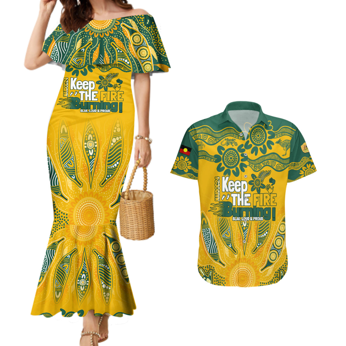 Custom Socceroos NAIDOC Week 2024 Couples Matching Mermaid Dress and Hawaiian Shirt Indigenous Burning Fire National Colors