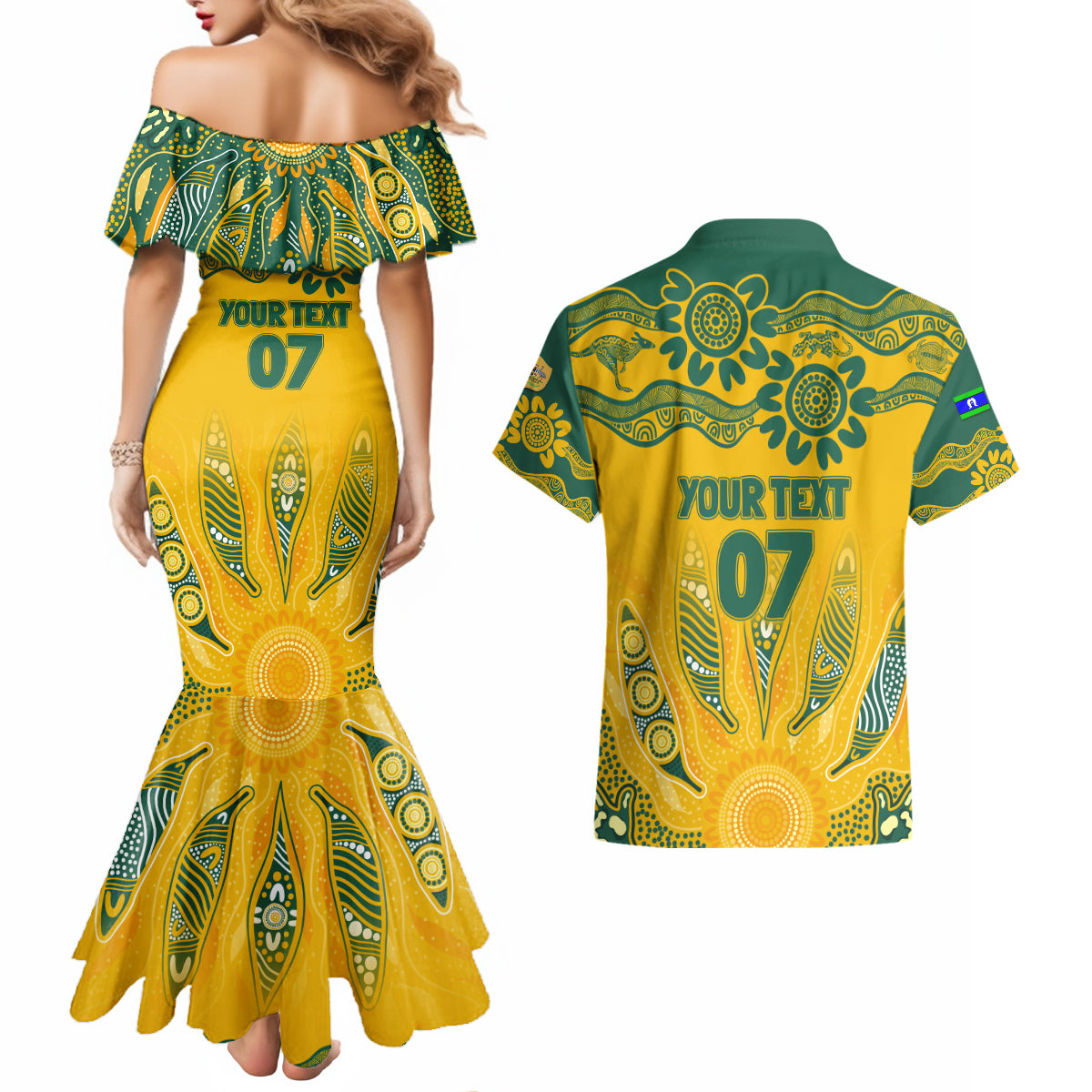 Custom Socceroos NAIDOC Week 2024 Couples Matching Mermaid Dress and Hawaiian Shirt Indigenous Burning Fire National Colors