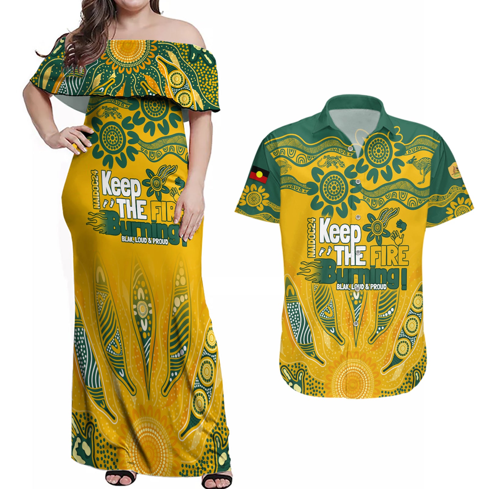 Custom Socceroos NAIDOC Week 2024 Couples Matching Off Shoulder Maxi Dress and Hawaiian Shirt Indigenous Burning Fire National Colors