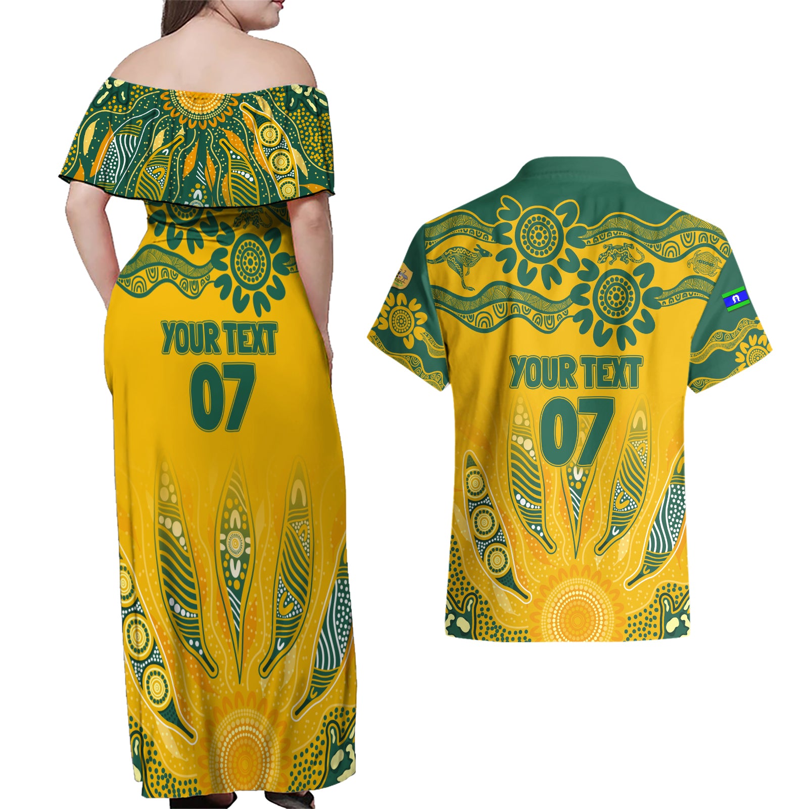 Custom Socceroos NAIDOC Week 2024 Couples Matching Off Shoulder Maxi Dress and Hawaiian Shirt Indigenous Burning Fire National Colors