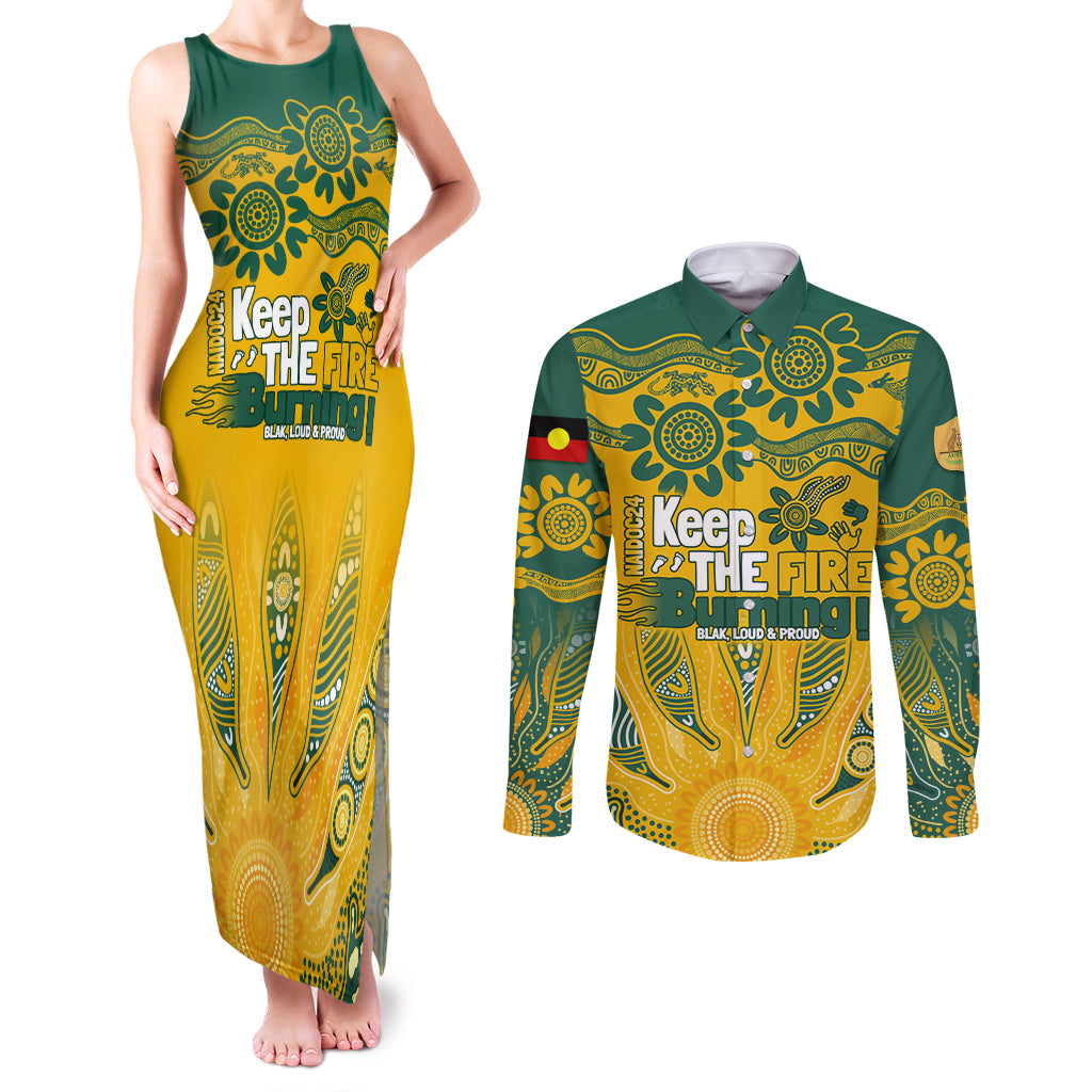 Custom Socceroos NAIDOC Week 2024 Couples Matching Tank Maxi Dress and Long Sleeve Button Shirt Indigenous Burning Fire National Colors