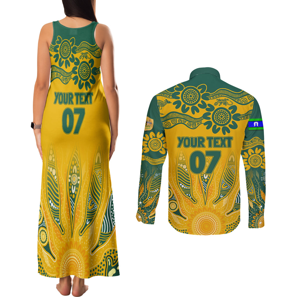 Custom Socceroos NAIDOC Week 2024 Couples Matching Tank Maxi Dress and Long Sleeve Button Shirt Indigenous Burning Fire National Colors