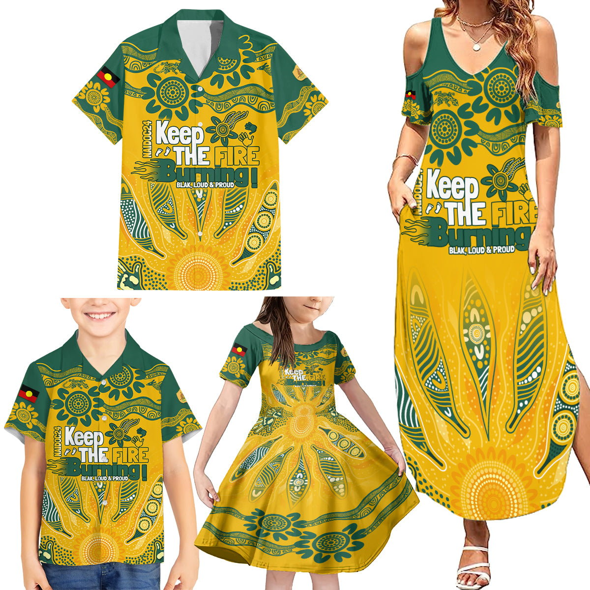 Custom Socceroos NAIDOC Week 2024 Family Matching Summer Maxi Dress and Hawaiian Shirt Indigenous Burning Fire National Colors