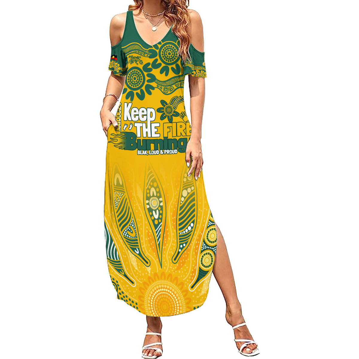 Custom Socceroos NAIDOC Week 2024 Family Matching Summer Maxi Dress and Hawaiian Shirt Indigenous Burning Fire National Colors