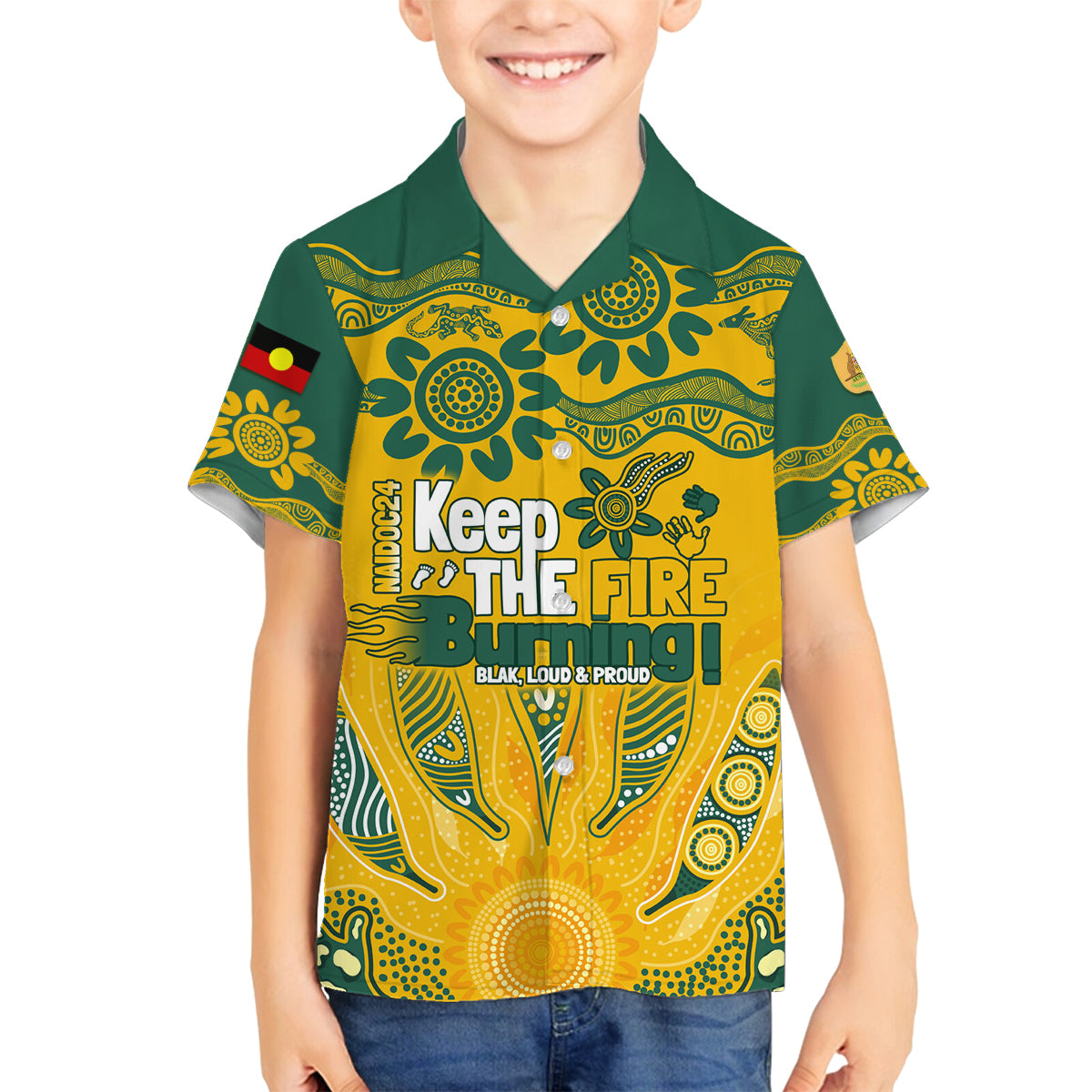 Custom Socceroos NAIDOC Week 2024 Family Matching Summer Maxi Dress and Hawaiian Shirt Indigenous Burning Fire National Colors