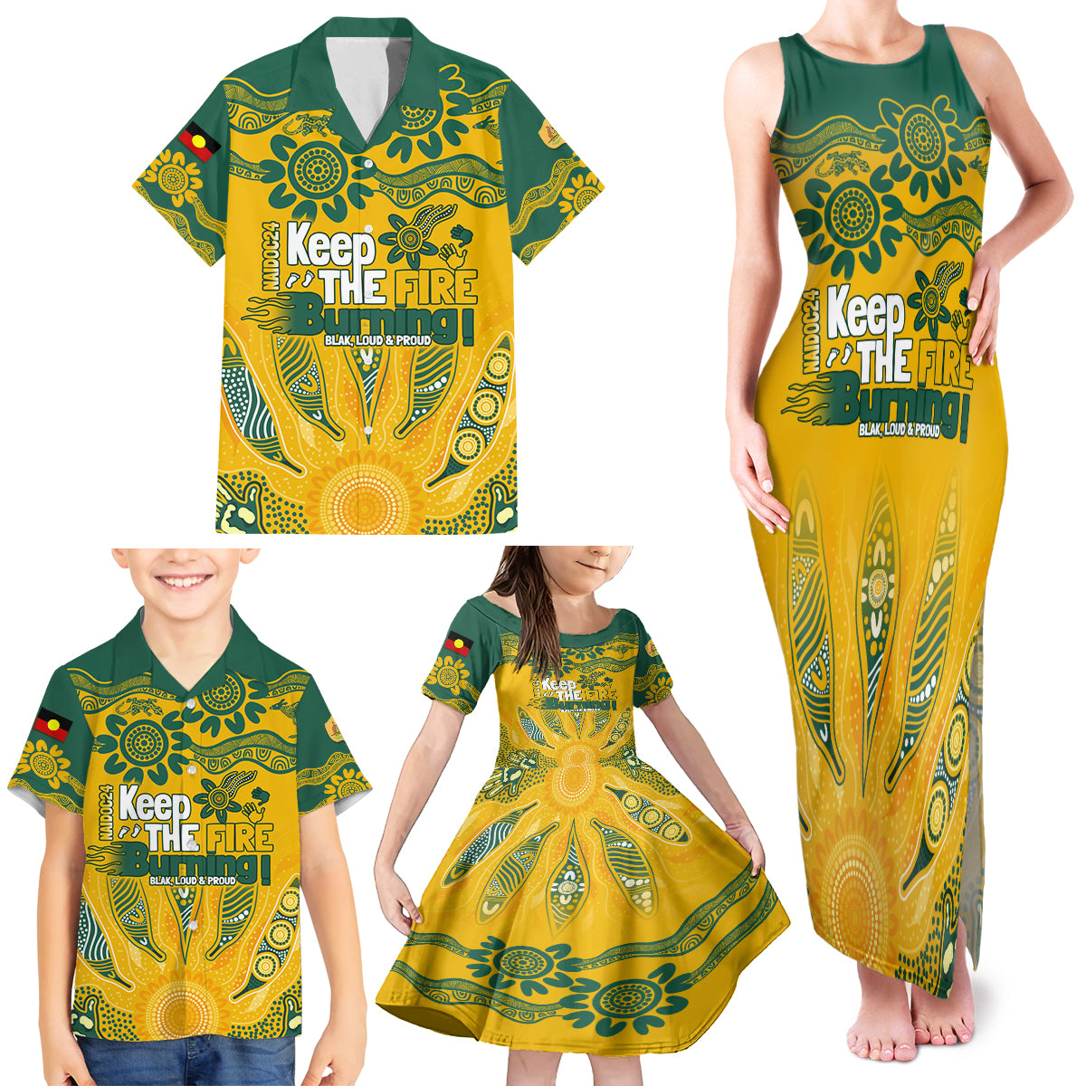 Custom Socceroos NAIDOC Week 2024 Family Matching Tank Maxi Dress and Hawaiian Shirt Indigenous Burning Fire National Colors