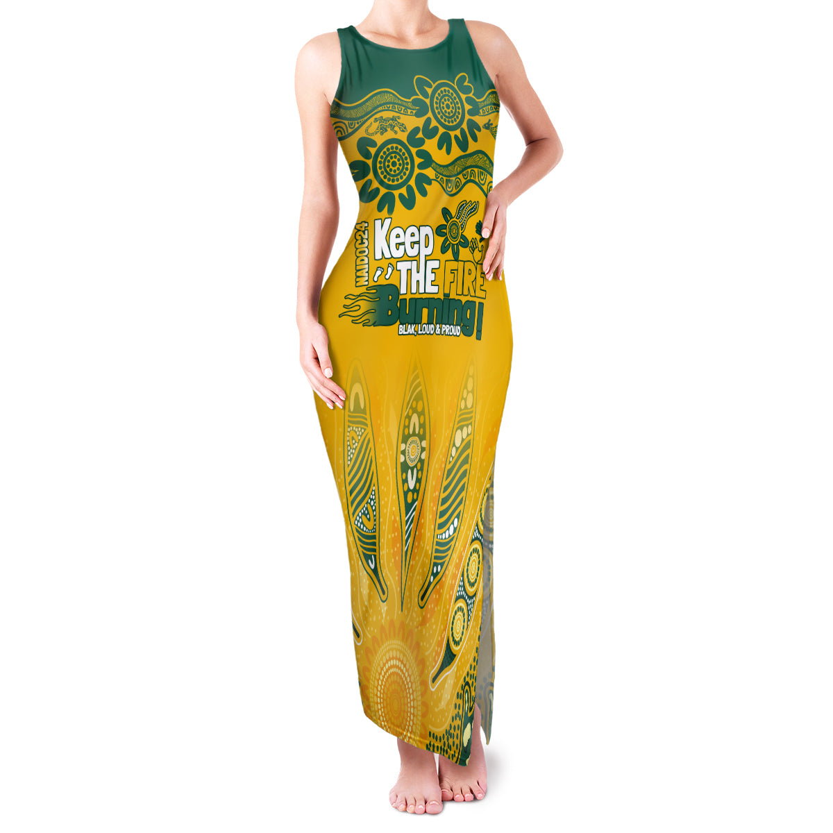 Custom Socceroos NAIDOC Week 2024 Family Matching Tank Maxi Dress and Hawaiian Shirt Indigenous Burning Fire National Colors