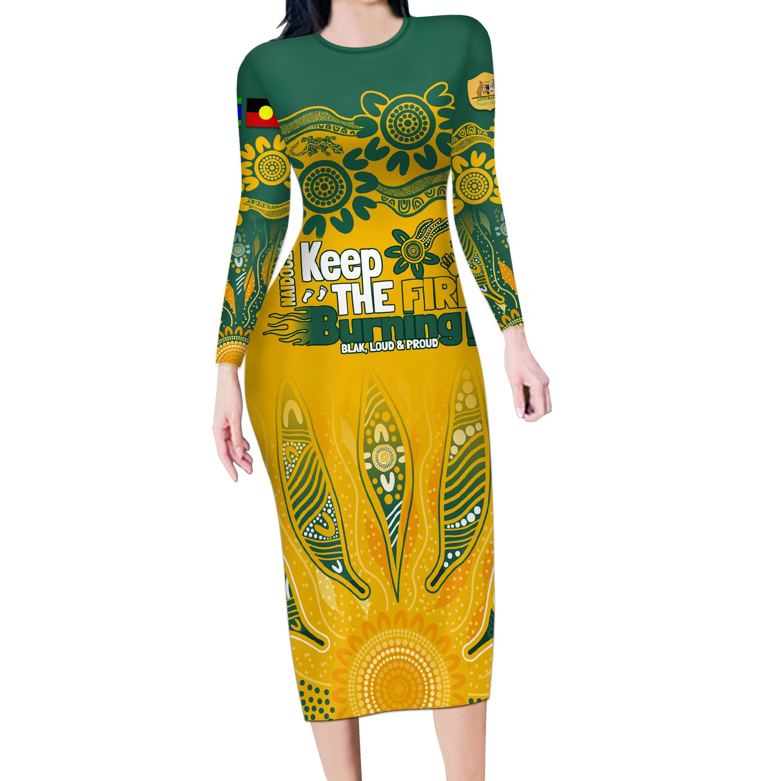 Custom Socceroos NAIDOC Week 2024 Long Sleeve Bodycon Dress Indigenous Burning Fire National Colors