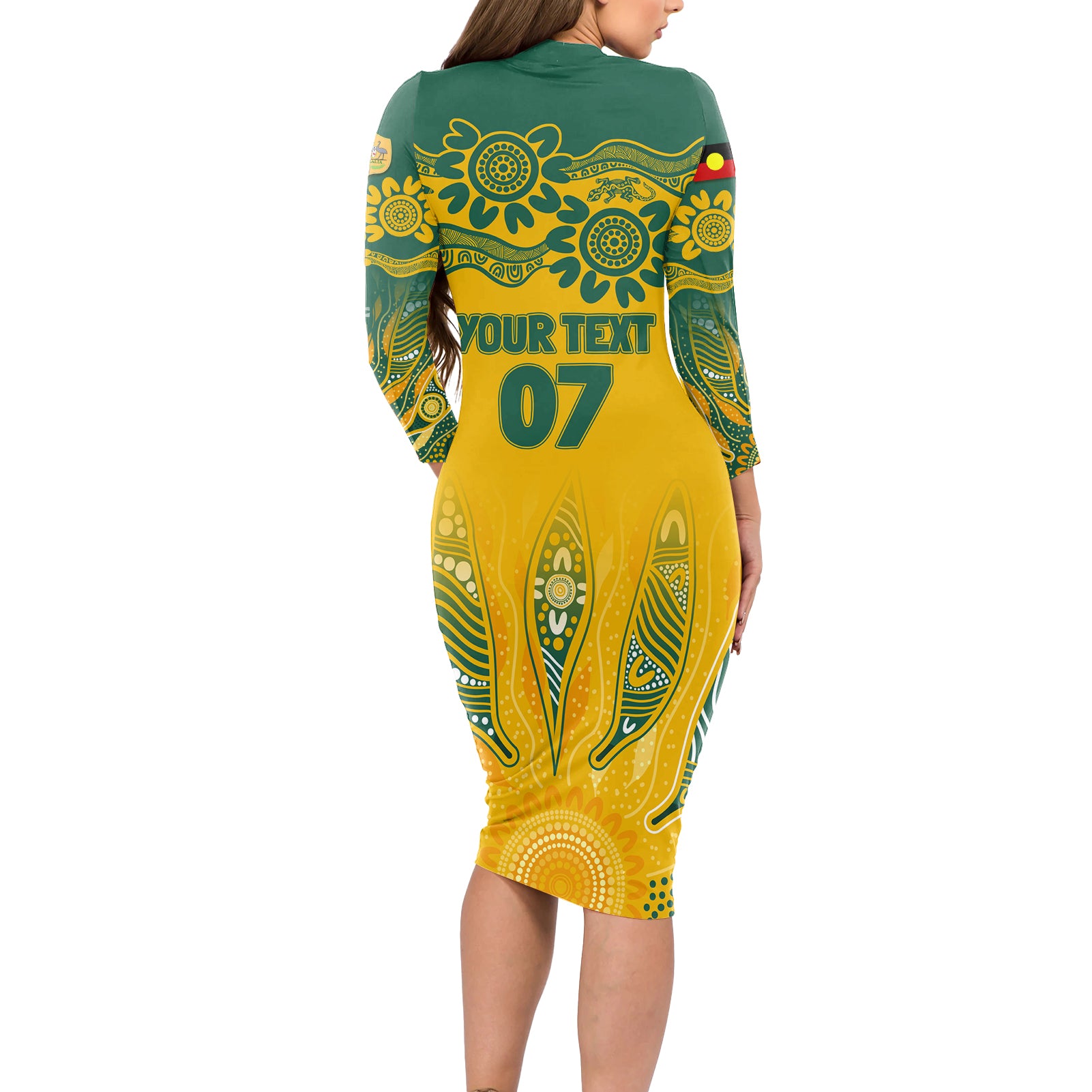 Custom Socceroos NAIDOC Week 2024 Long Sleeve Bodycon Dress Indigenous Burning Fire National Colors