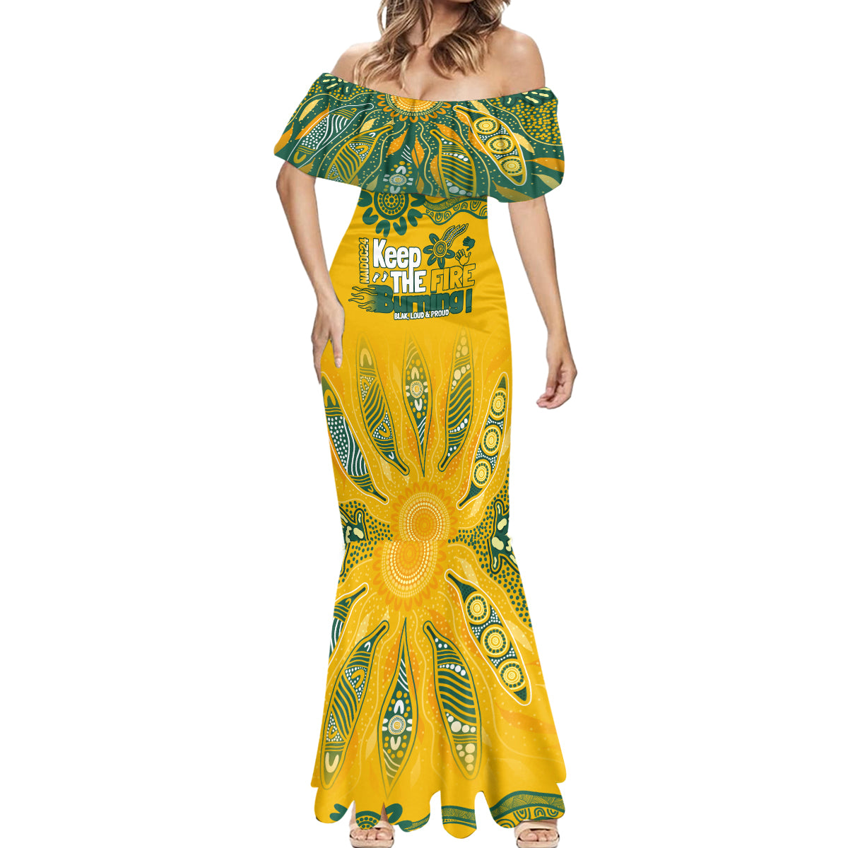 Custom Socceroos NAIDOC Week 2024 Mermaid Dress Indigenous Burning Fire National Colors