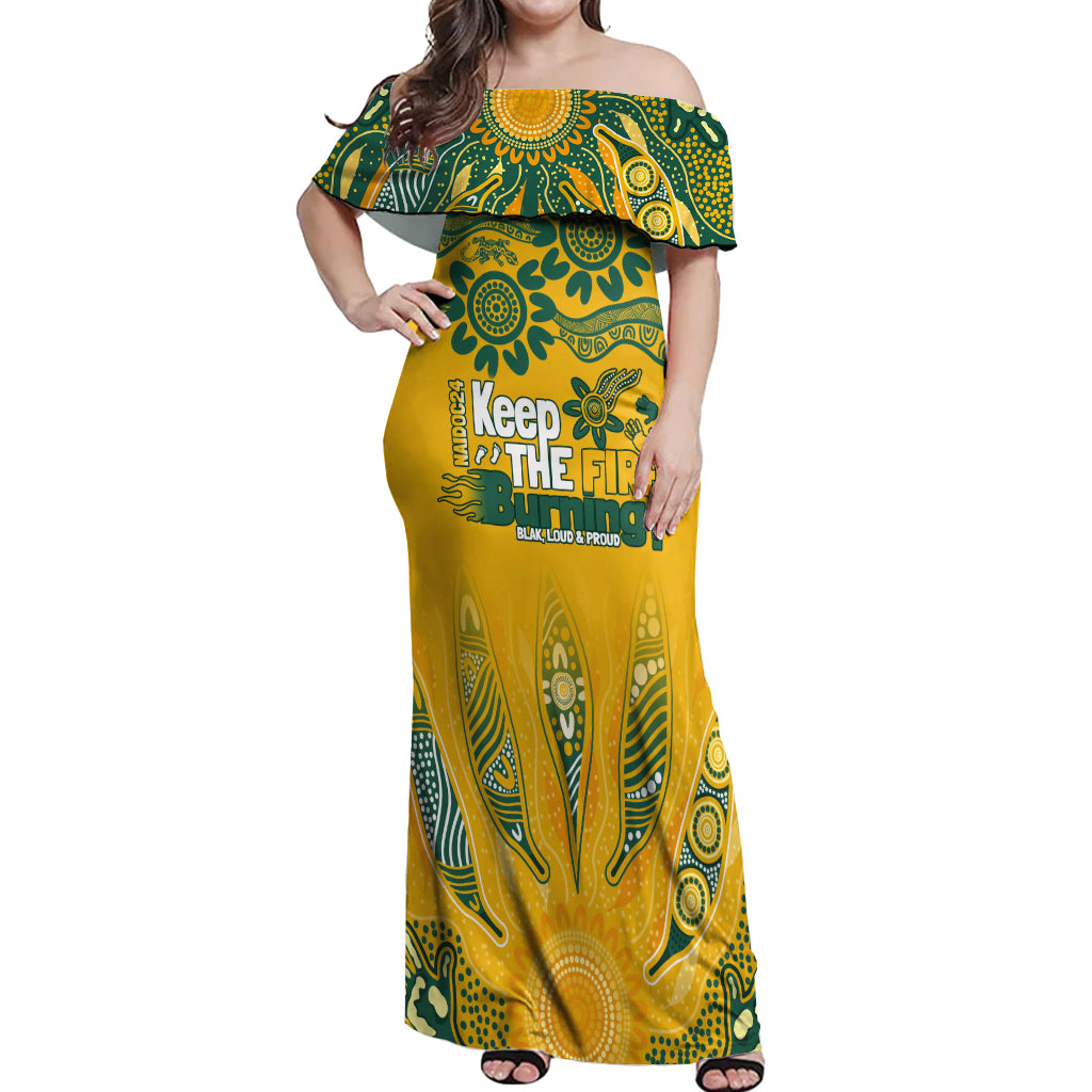 Custom Socceroos NAIDOC Week 2024 Off Shoulder Maxi Dress Indigenous Burning Fire National Colors