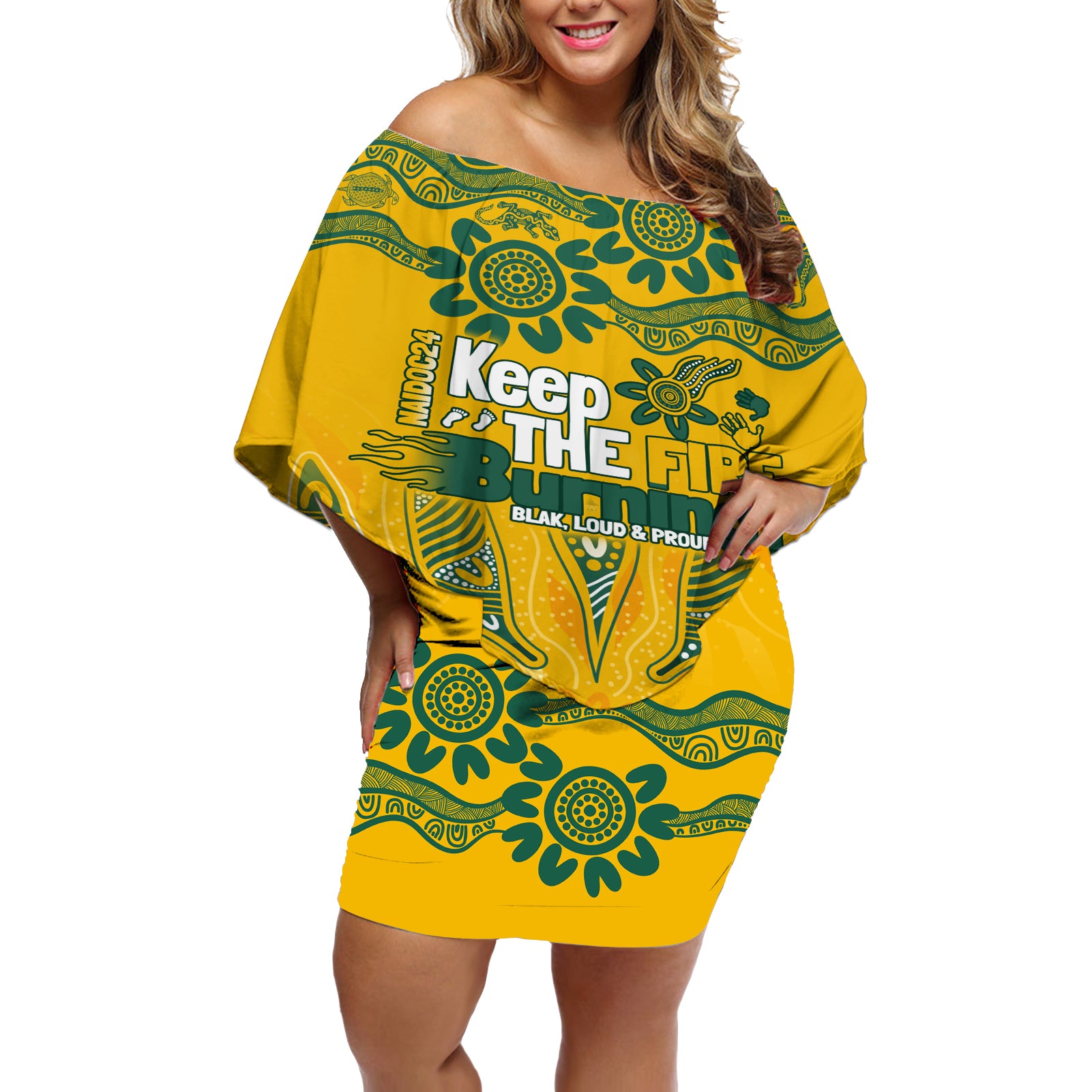 Custom Socceroos NAIDOC Week 2024 Off Shoulder Short Dress Indigenous Burning Fire National Colors