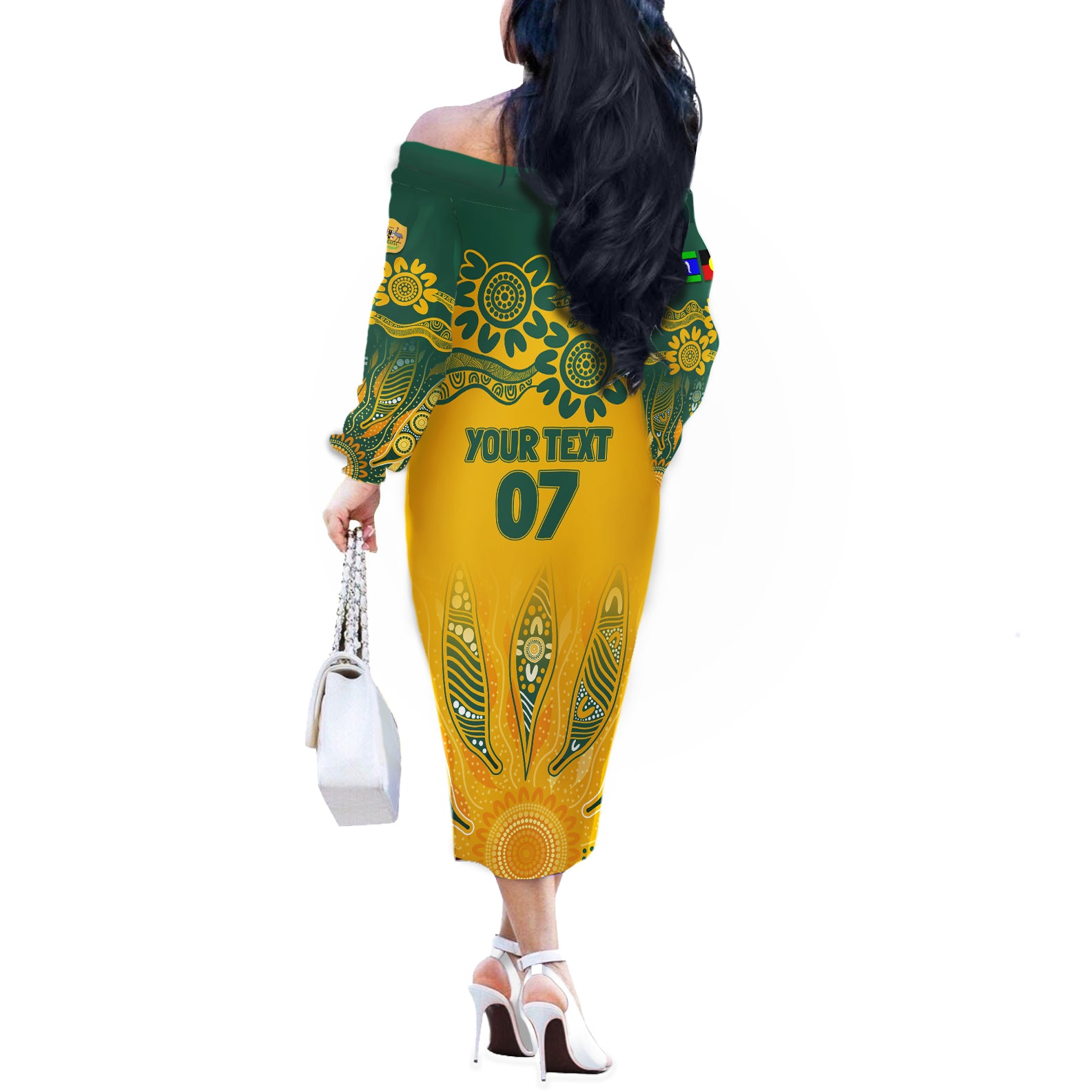 Custom Socceroos NAIDOC Week 2024 Off The Shoulder Long Sleeve Dress Indigenous Burning Fire National Colors