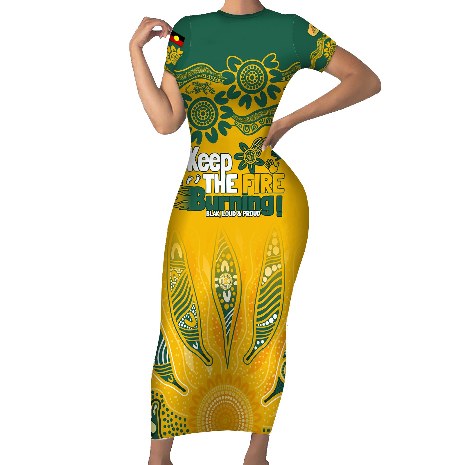 Custom Socceroos NAIDOC Week 2024 Short Sleeve Bodycon Dress Indigenous Burning Fire National Colors