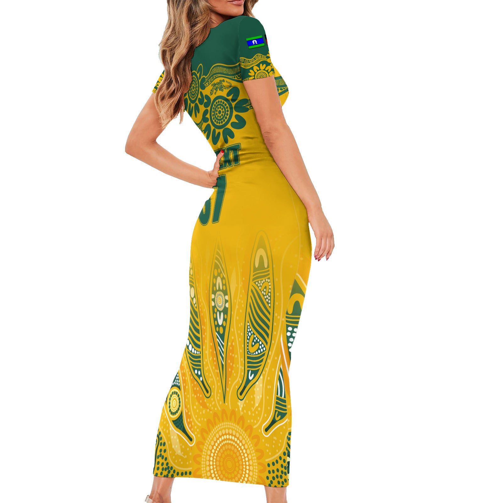 Custom Socceroos NAIDOC Week 2024 Short Sleeve Bodycon Dress Indigenous Burning Fire National Colors