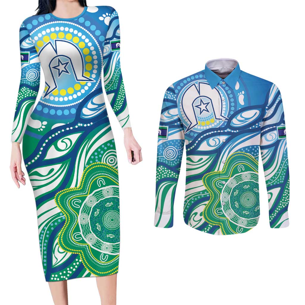 Torres Strait Islander Couples Matching Long Sleeve Bodycon Dress and Long Sleeve Button Shirt Aboriginal Blue Art