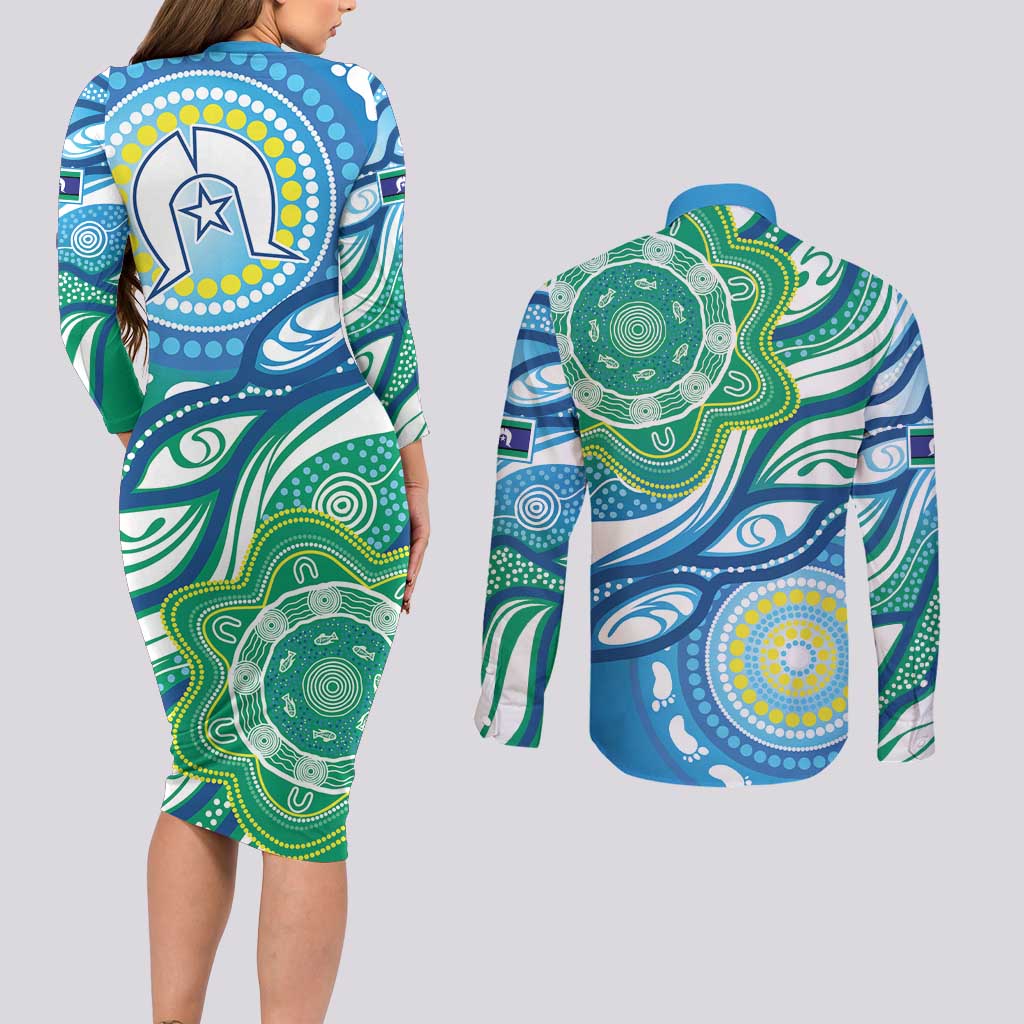 Torres Strait Islander Couples Matching Long Sleeve Bodycon Dress and Long Sleeve Button Shirt Aboriginal Blue Art