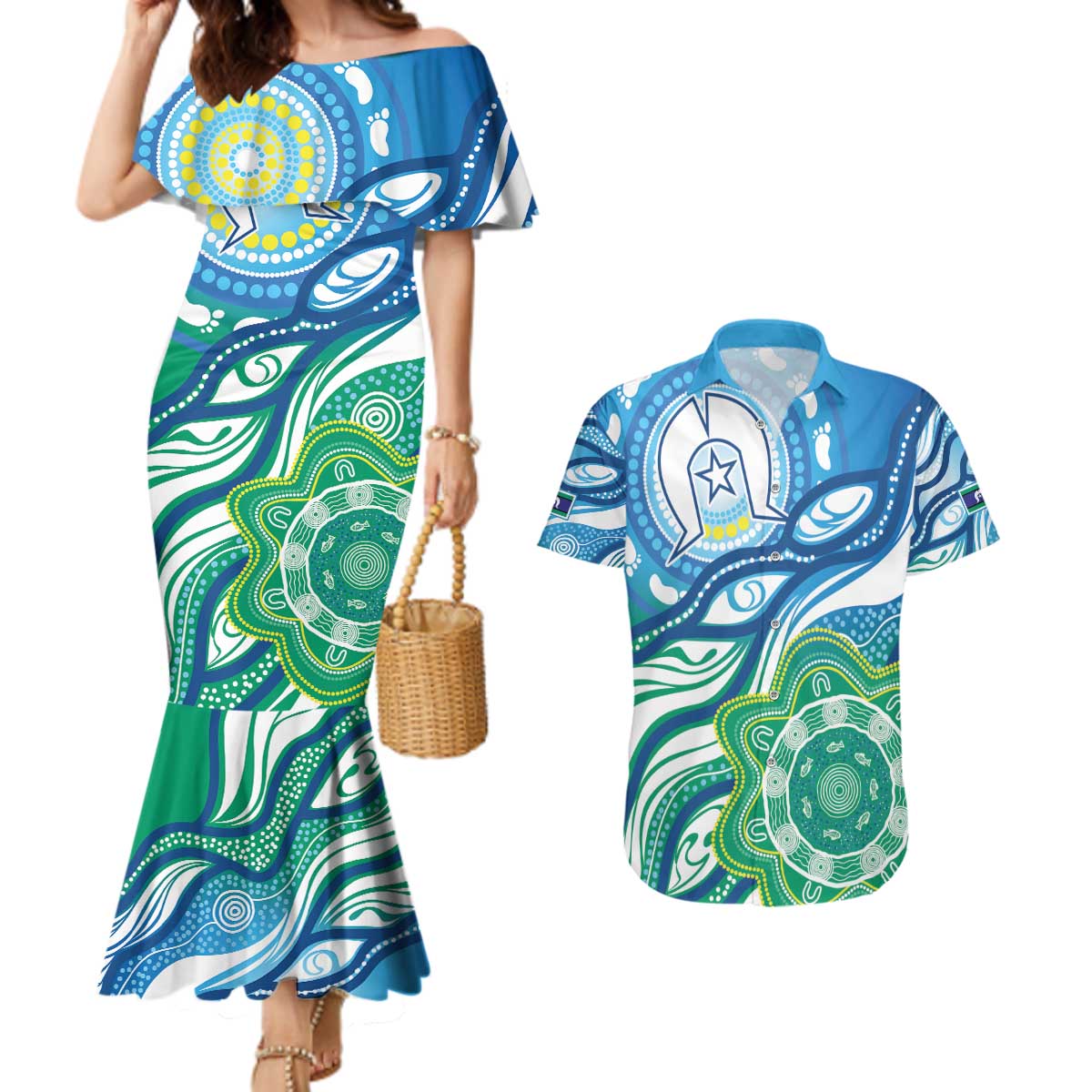 Torres Strait Islander Couples Matching Mermaid Dress and Hawaiian Shirt Aboriginal Blue Art