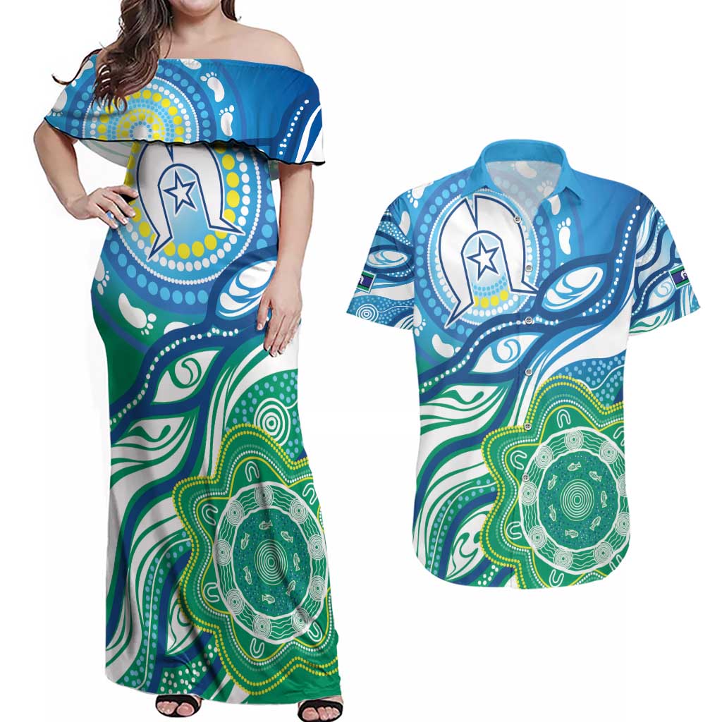 Torres Strait Islander Couples Matching Off Shoulder Maxi Dress and Hawaiian Shirt Aboriginal Blue Art