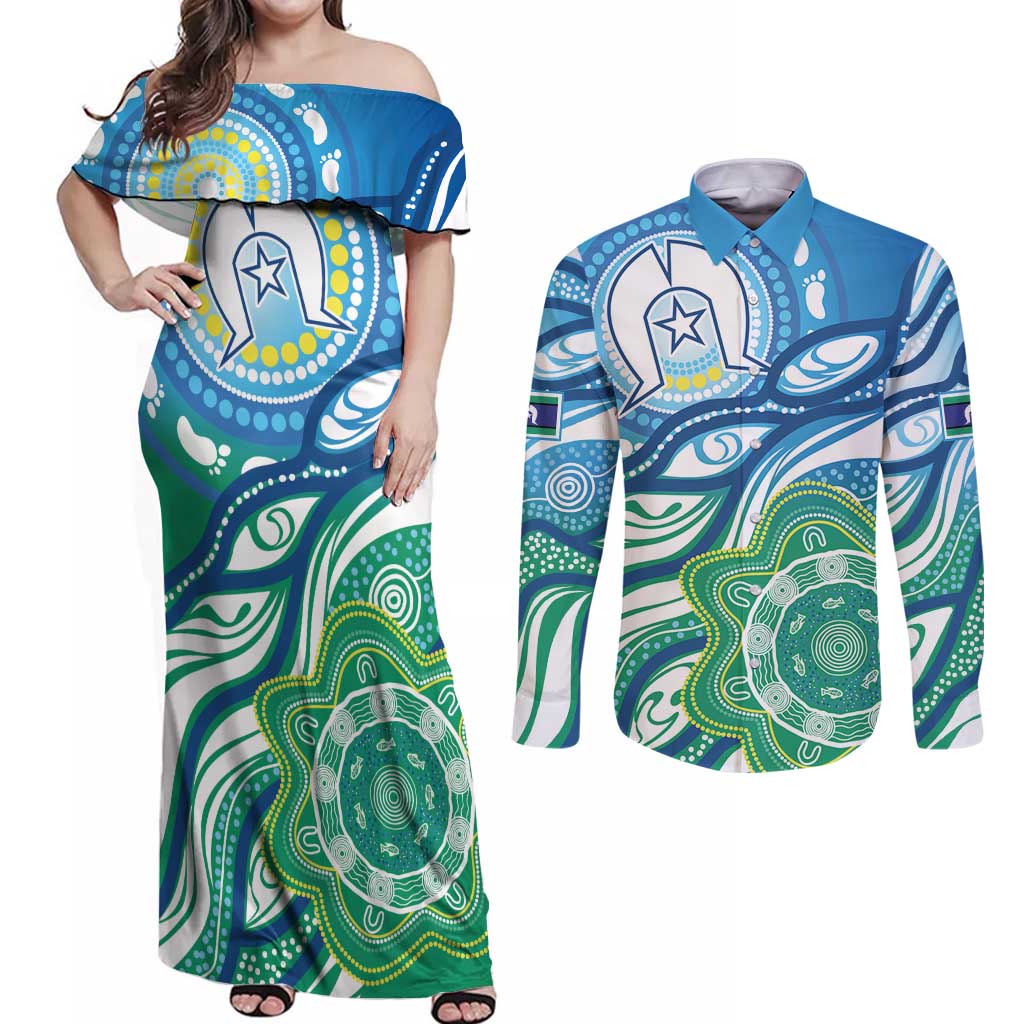 Torres Strait Islander Couples Matching Off Shoulder Maxi Dress and Long Sleeve Button Shirt Aboriginal Blue Art