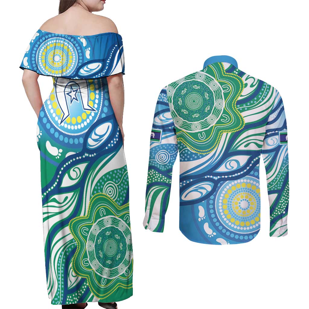 Torres Strait Islander Couples Matching Off Shoulder Maxi Dress and Long Sleeve Button Shirt Aboriginal Blue Art