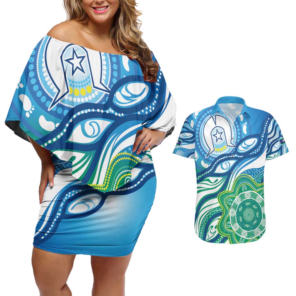 Torres Strait Islander Couples Matching Off Shoulder Short Dress and Hawaiian Shirt Aboriginal Blue Art