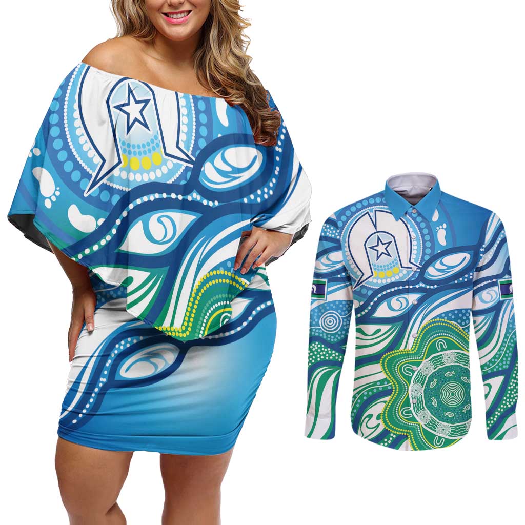 Torres Strait Islander Couples Matching Off Shoulder Short Dress and Long Sleeve Button Shirt Aboriginal Blue Art