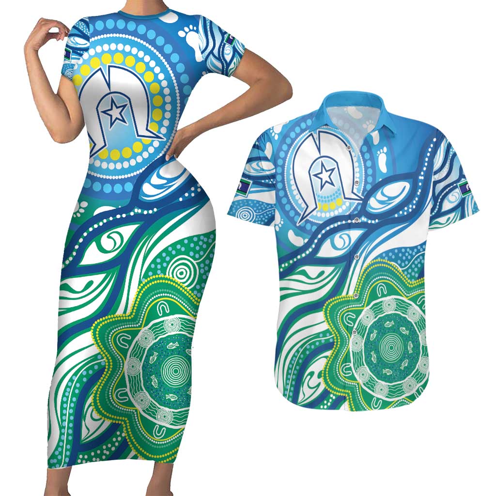 Torres Strait Islander Couples Matching Short Sleeve Bodycon Dress and Hawaiian Shirt Aboriginal Blue Art