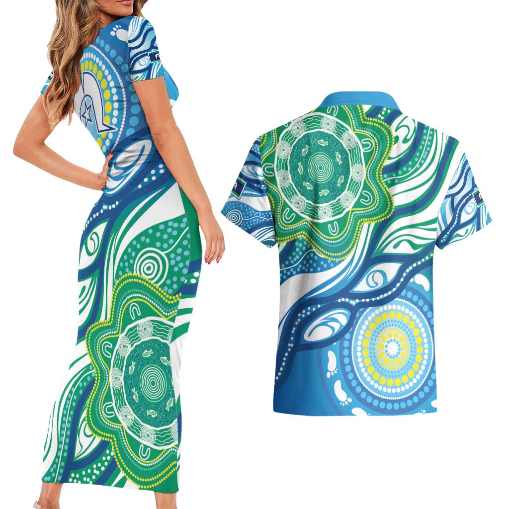 Torres Strait Islander Couples Matching Short Sleeve Bodycon Dress and Hawaiian Shirt Aboriginal Blue Art