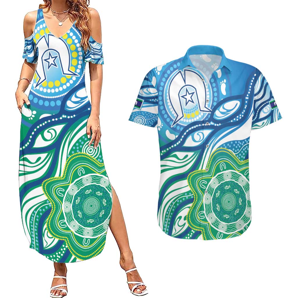 Torres Strait Islander Couples Matching Summer Maxi Dress and Hawaiian Shirt Aboriginal Blue Art