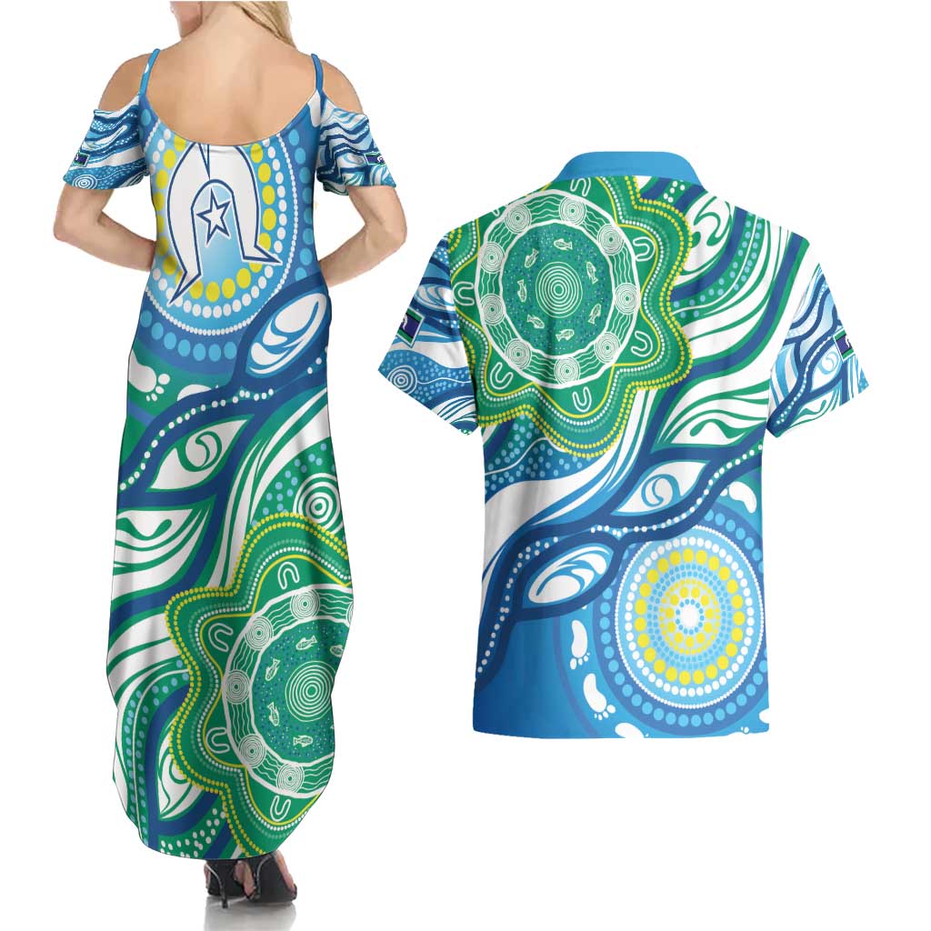 Torres Strait Islander Couples Matching Summer Maxi Dress and Hawaiian Shirt Aboriginal Blue Art