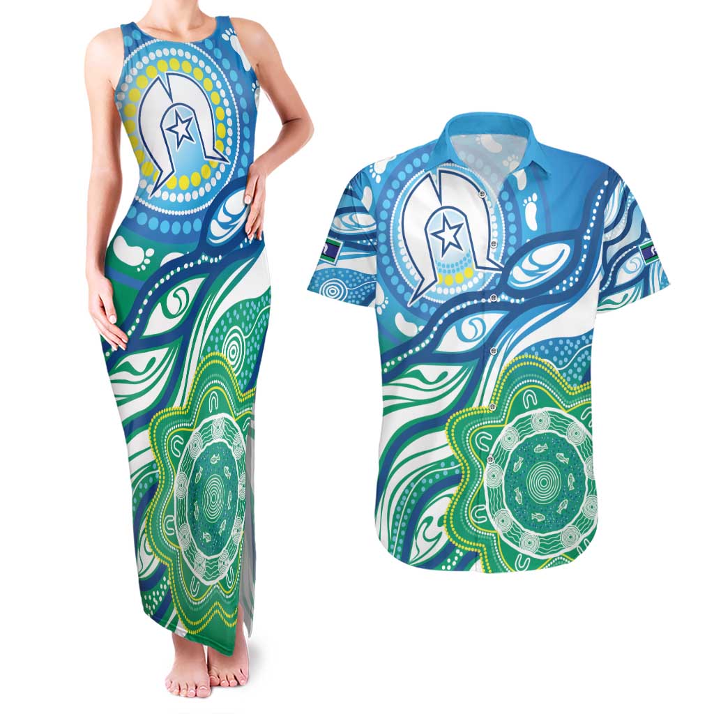 Torres Strait Islander Couples Matching Tank Maxi Dress and Hawaiian Shirt Aboriginal Blue Art