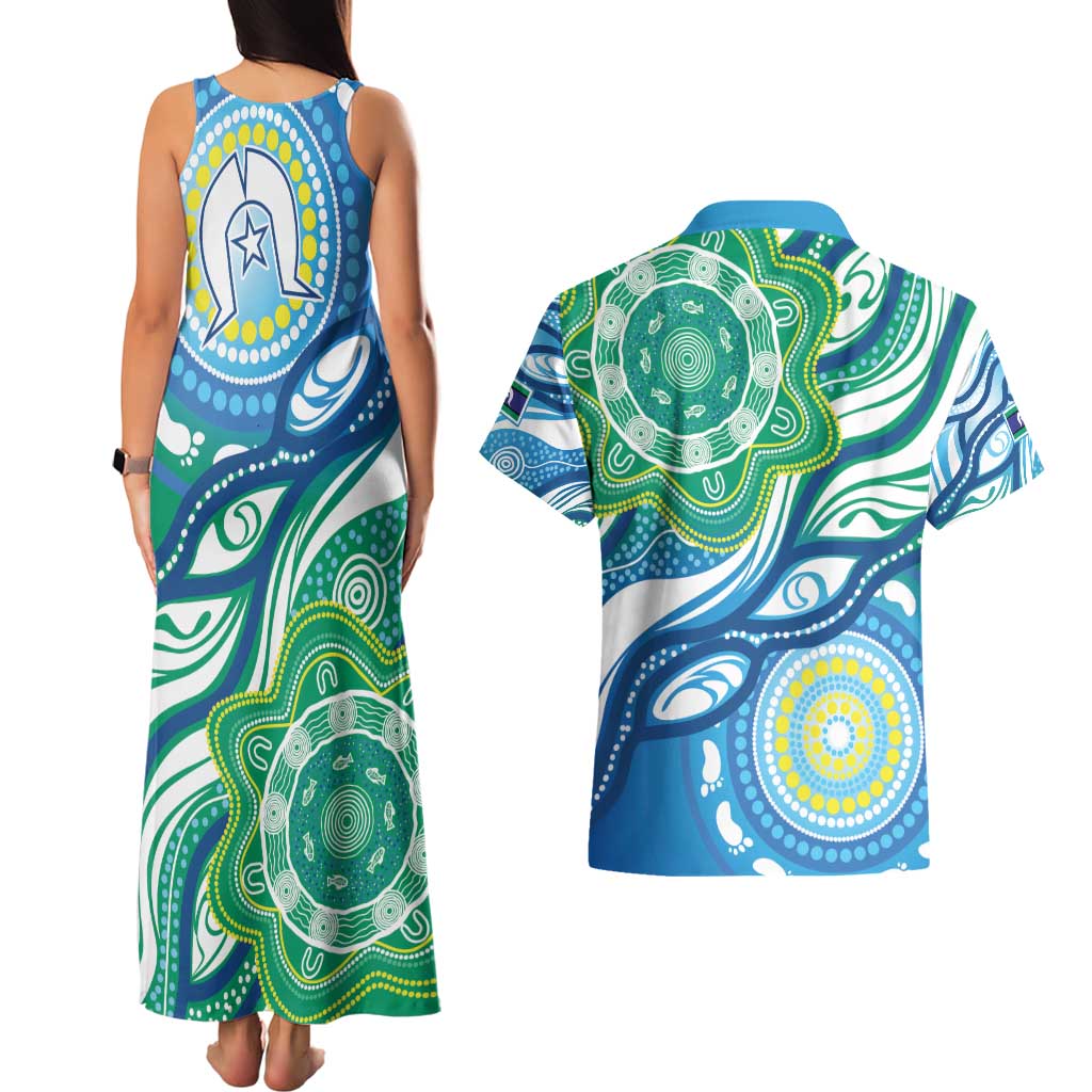 Torres Strait Islander Couples Matching Tank Maxi Dress and Hawaiian Shirt Aboriginal Blue Art