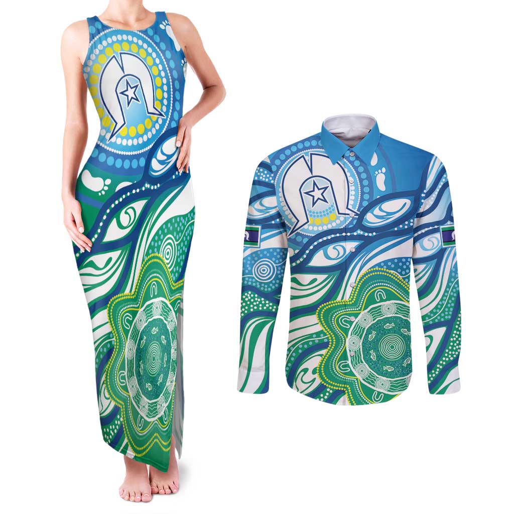 Torres Strait Islander Couples Matching Tank Maxi Dress and Long Sleeve Button Shirt Aboriginal Blue Art