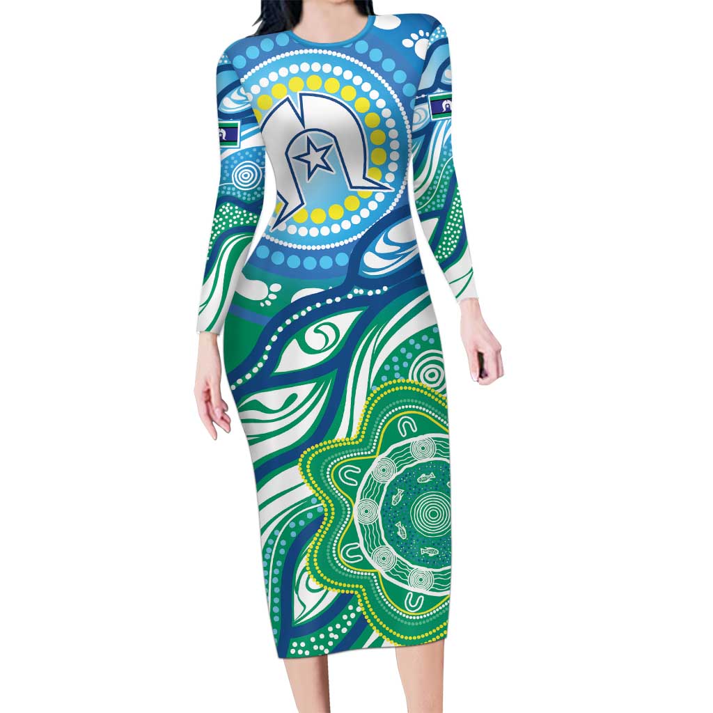 Torres Strait Islander Family Matching Long Sleeve Bodycon Dress and Hawaiian Shirt Aboriginal Blue Art