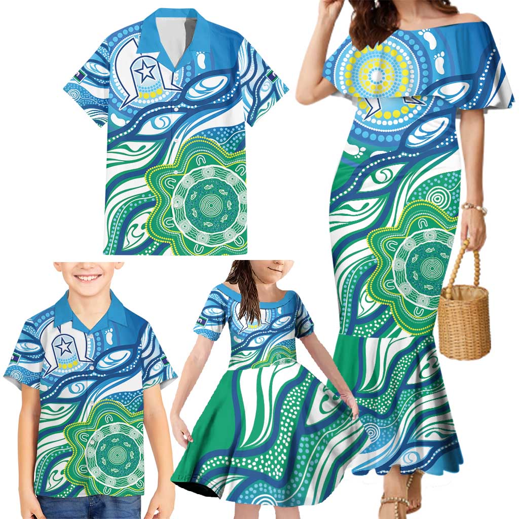 Torres Strait Islander Family Matching Mermaid Dress and Hawaiian Shirt Aboriginal Blue Art