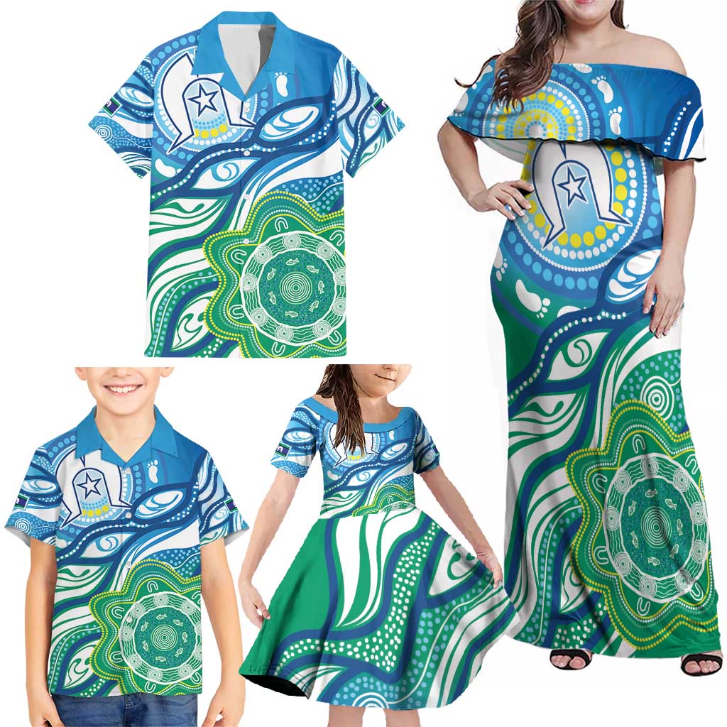 Torres Strait Islander Family Matching Off Shoulder Maxi Dress and Hawaiian Shirt Aboriginal Blue Art