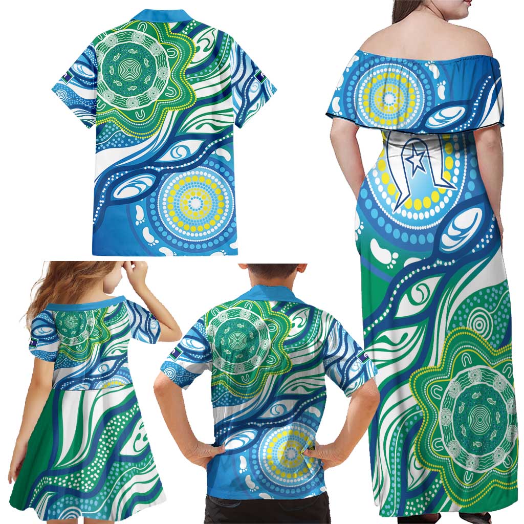 Torres Strait Islander Family Matching Off Shoulder Maxi Dress and Hawaiian Shirt Aboriginal Blue Art