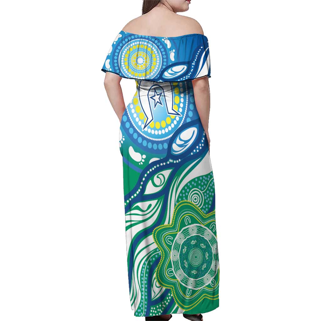 Torres Strait Islander Family Matching Off Shoulder Maxi Dress and Hawaiian Shirt Aboriginal Blue Art