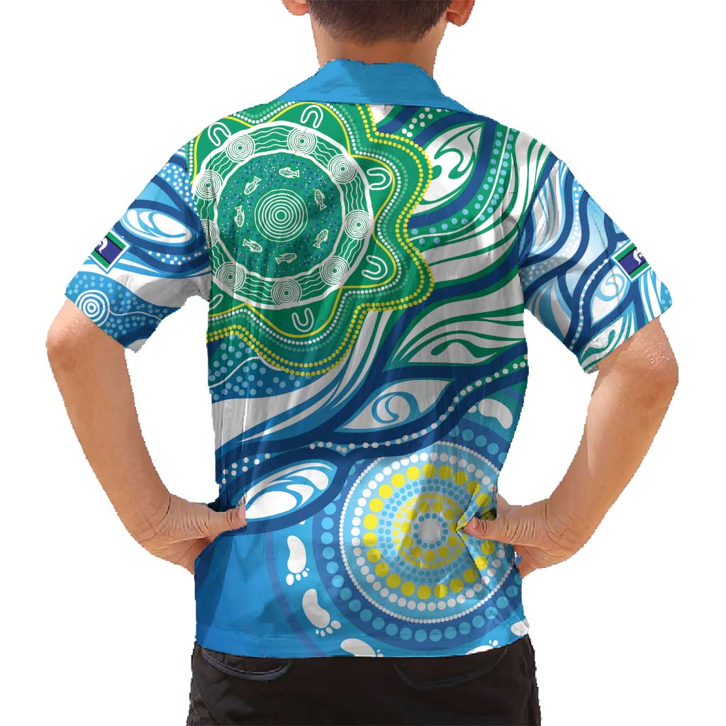 Torres Strait Islander Family Matching Off Shoulder Short Dress and Hawaiian Shirt Aboriginal Blue Art