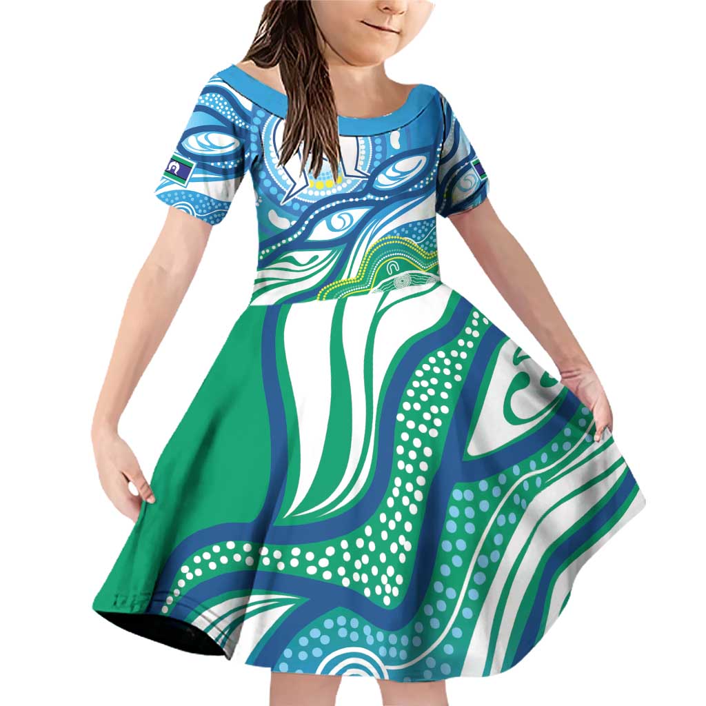 Torres Strait Islander Family Matching Off Shoulder Short Dress and Hawaiian Shirt Aboriginal Blue Art