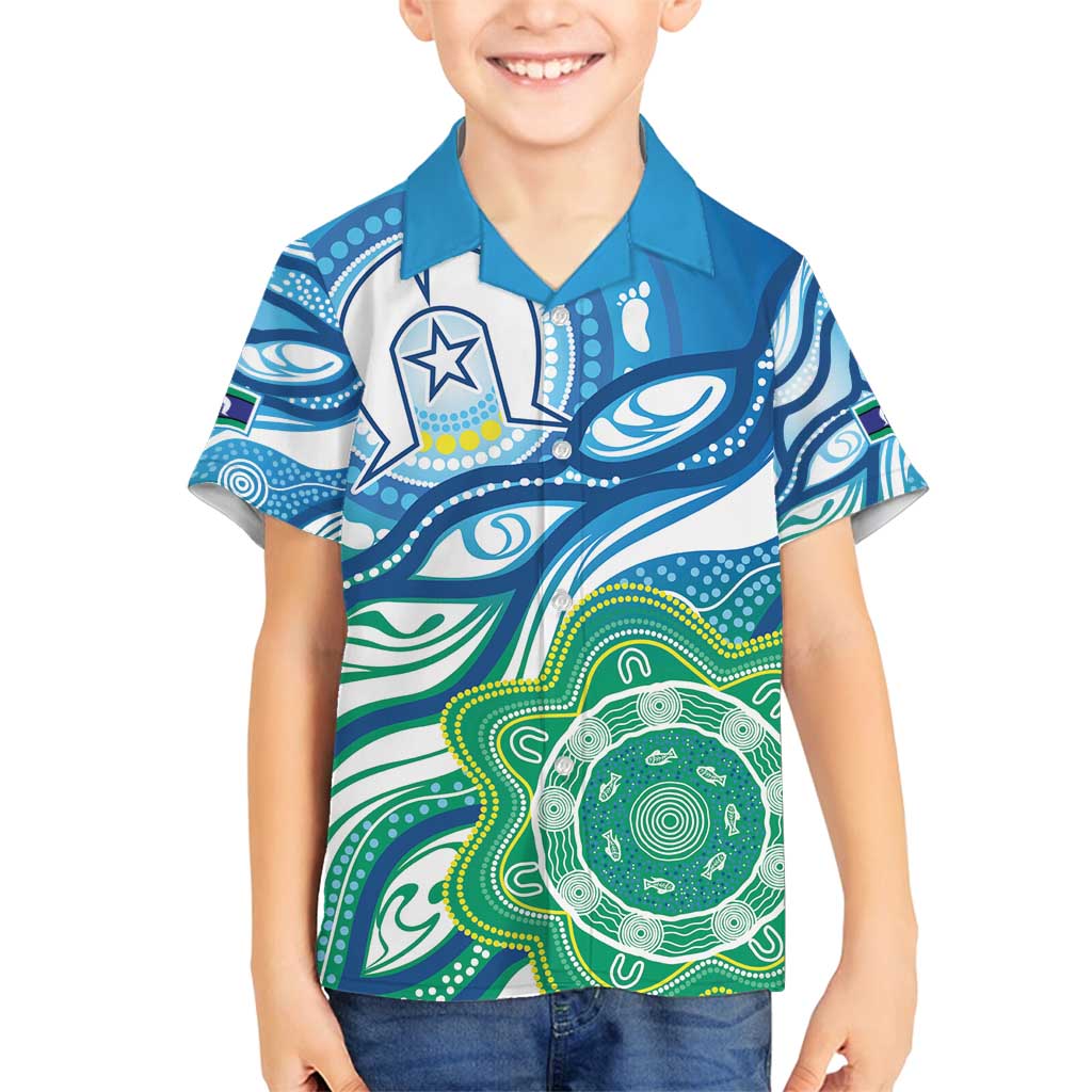 Torres Strait Islander Family Matching Off Shoulder Short Dress and Hawaiian Shirt Aboriginal Blue Art