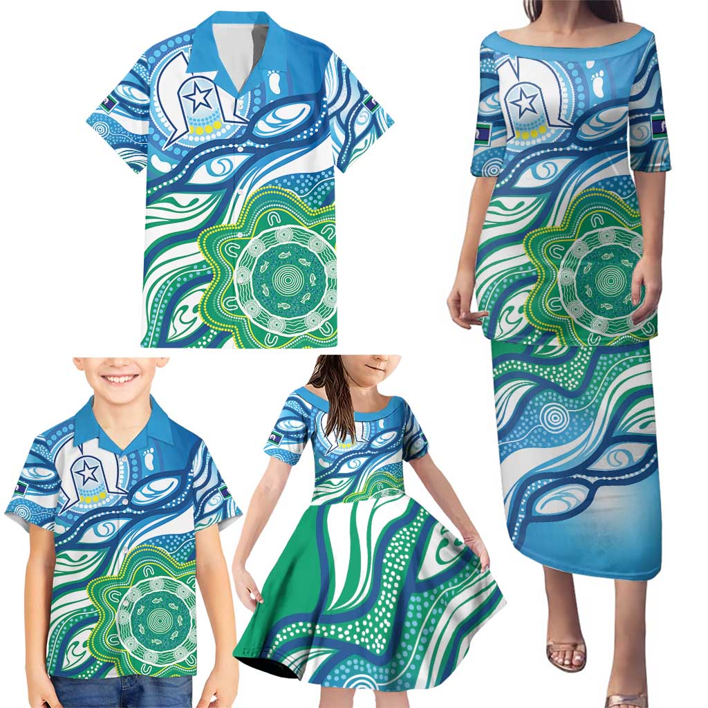 Torres Strait Islander Family Matching Puletasi and Hawaiian Shirt Aboriginal Blue Art