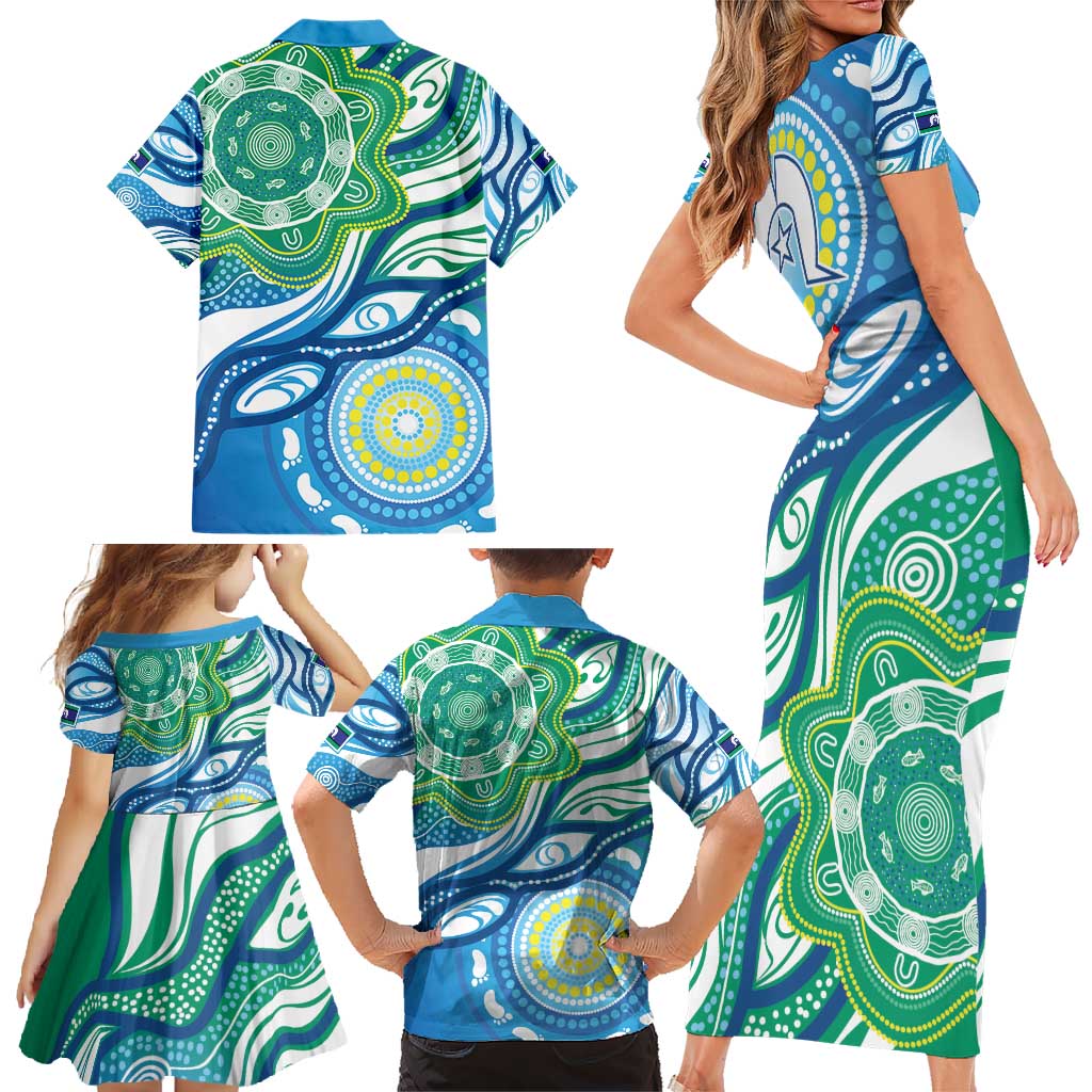 Torres Strait Islander Family Matching Short Sleeve Bodycon Dress and Hawaiian Shirt Aboriginal Blue Art