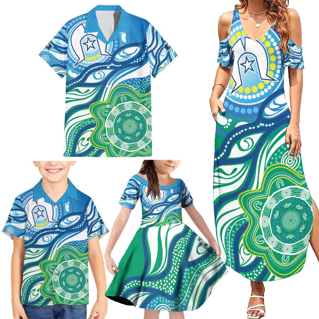 Torres Strait Islander Family Matching Summer Maxi Dress and Hawaiian Shirt Aboriginal Blue Art