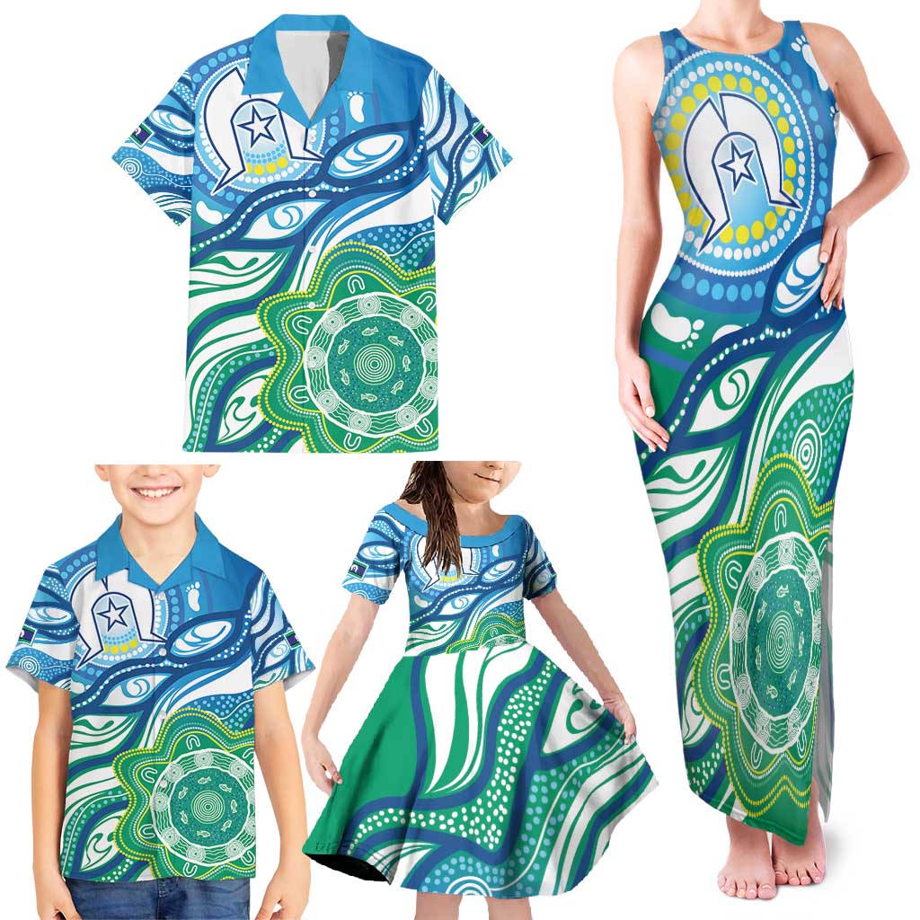 Torres Strait Islander Family Matching Tank Maxi Dress and Hawaiian Shirt Aboriginal Blue Art