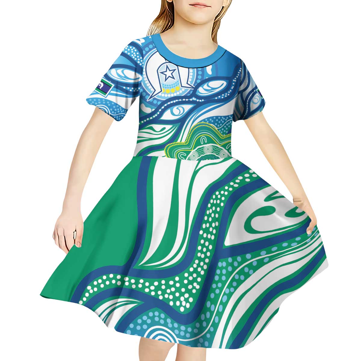 Torres Strait Islander Kid Short Sleeve Dress Aboriginal Blue Art