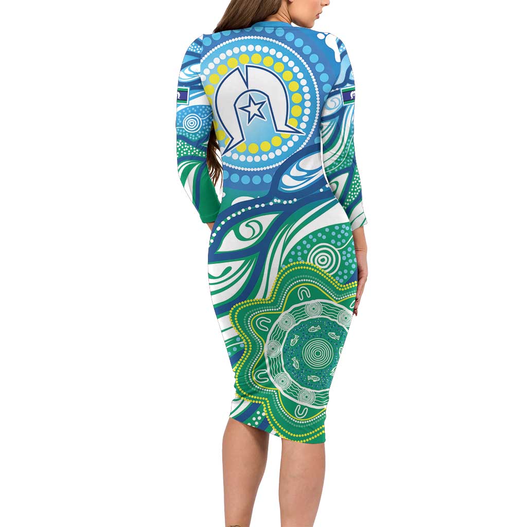 Torres Strait Islander Long Sleeve Bodycon Dress Aboriginal Blue Art