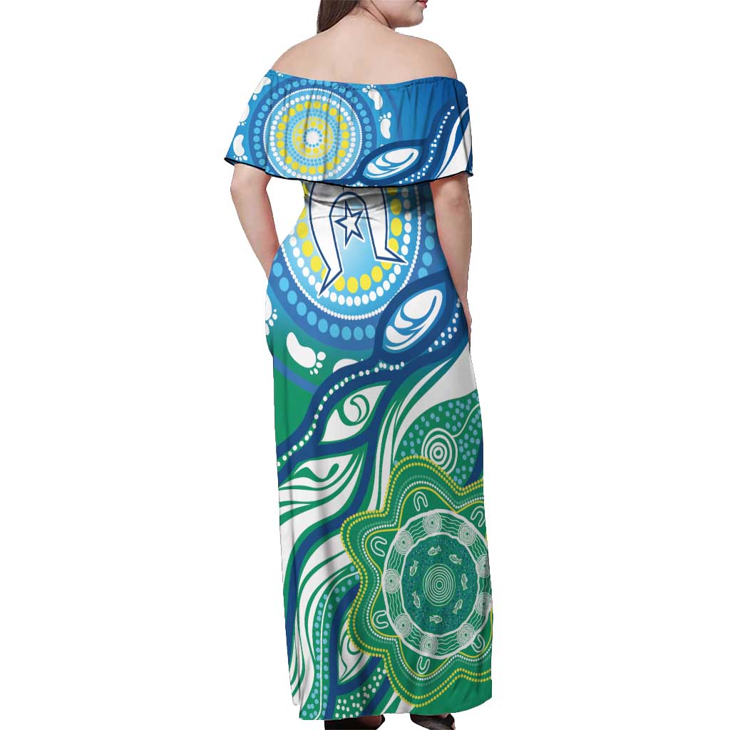 Torres Strait Islander Off Shoulder Maxi Dress Aboriginal Blue Art