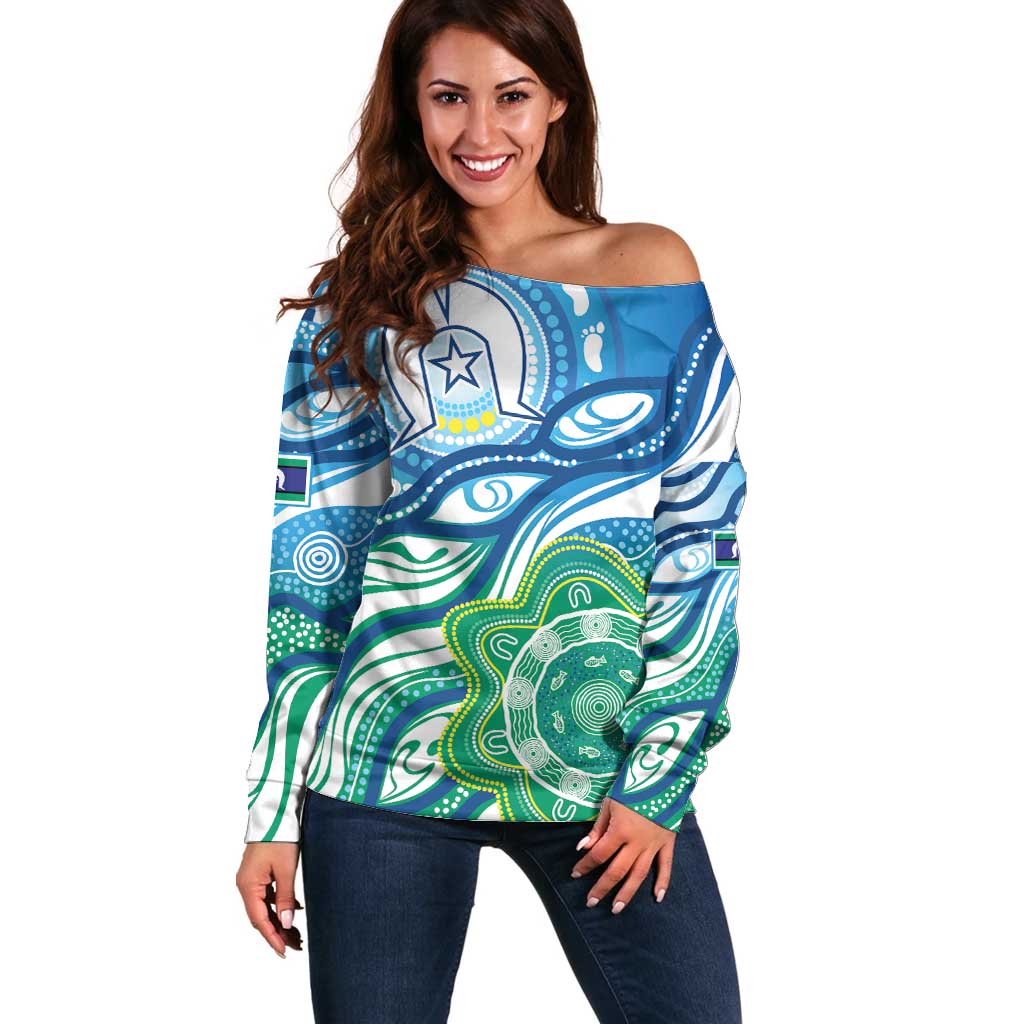 Torres Strait Islander Off Shoulder Sweater Aboriginal Blue Art